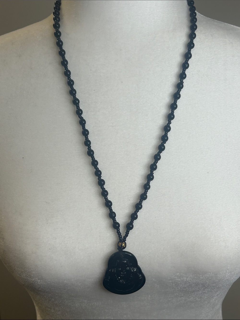 Black Agate Beaded 1.5β Buddha Pendant with Gold Message On Large Bead New